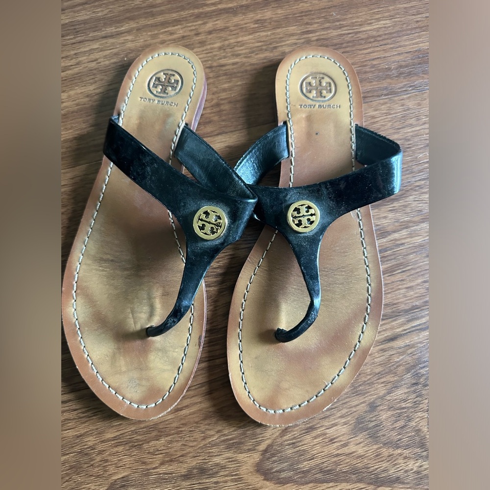Tory Burch Black Leather Logo Thong Sandals with Tan Footbed